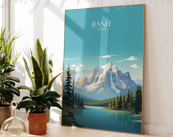 Banff Canada Alpine Lake Mountain Peak Vintage Travel Poster
