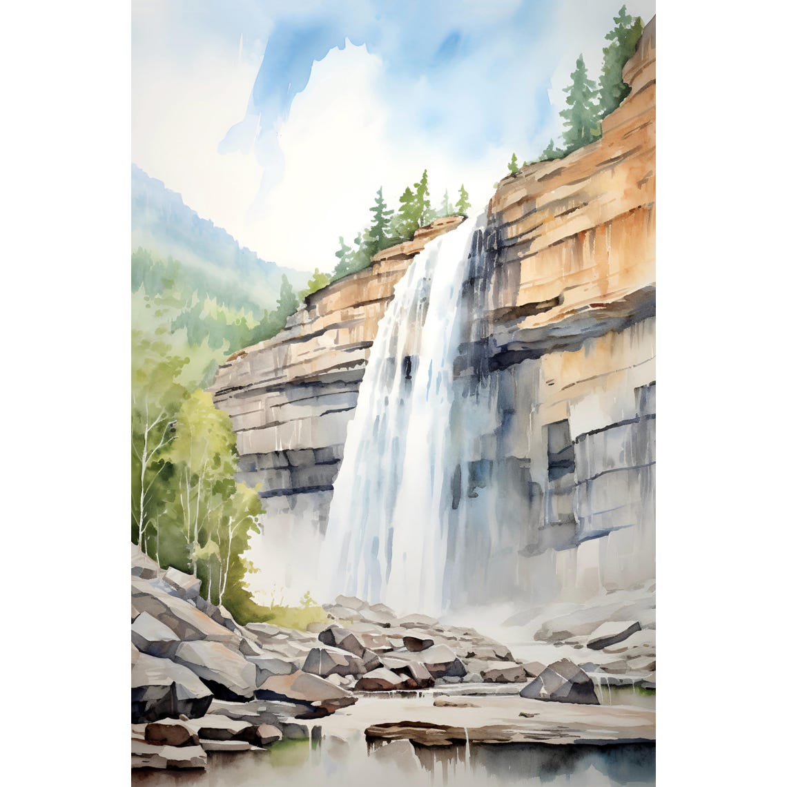 Bridal Veil Falls Utah Waterfall Cliff Watercolor Landscape Poster