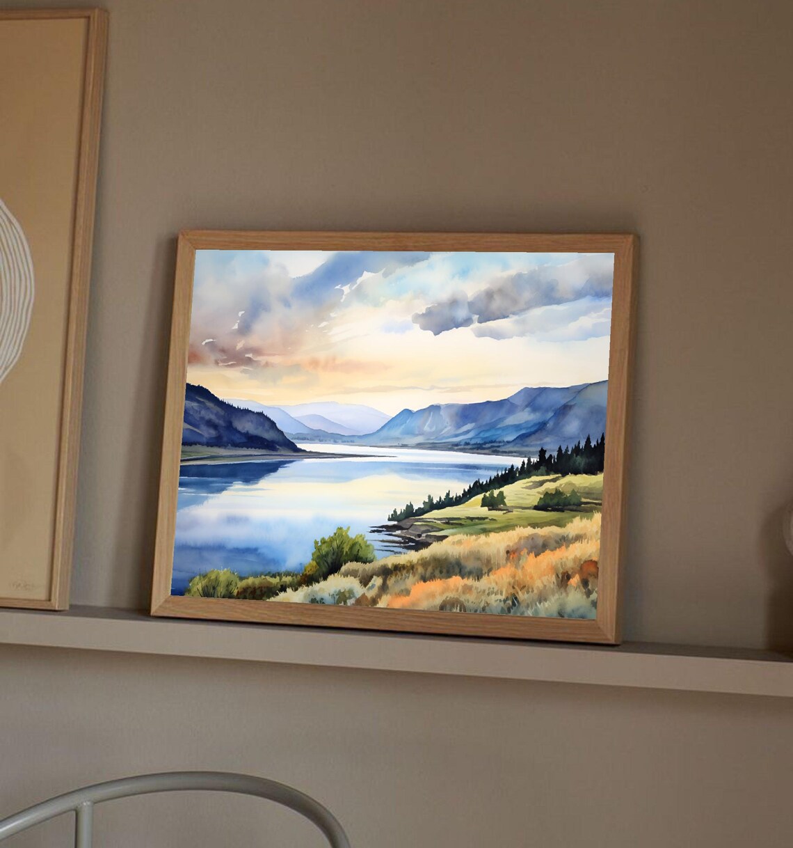 Columbia River Oregon Sunset Valley Hills Sky Watercolor Poster - Image 2