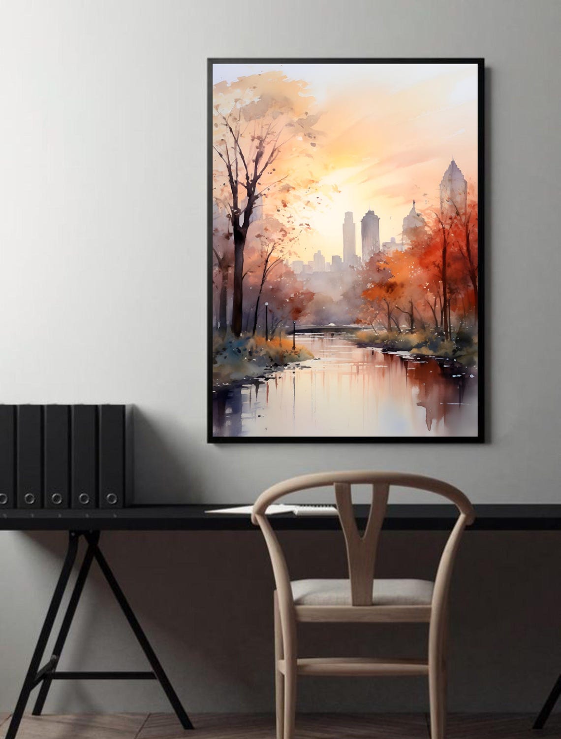 Central Park Sunset Skyline Autumn Watercolor New York Art Poster - Image 3