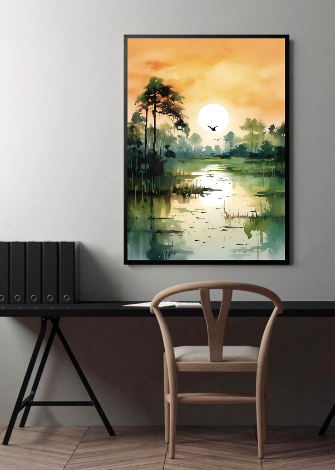 Misty Wetland Sunrise Big Sun Birds Watercolor Morning Scene Poster - Image 4