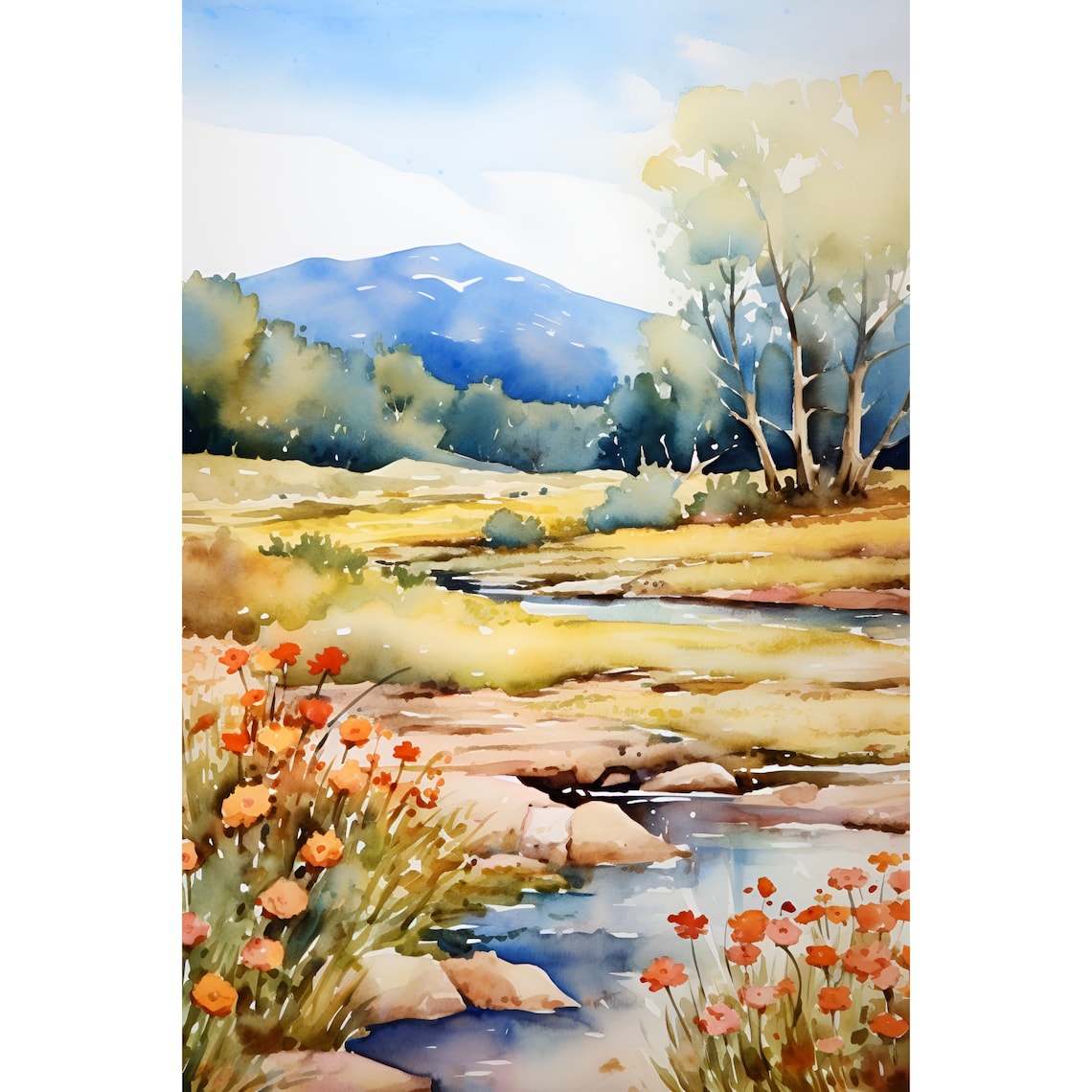 Mount Bonnell Wildflower Creek Blue Mountain Watercolor Art Poster