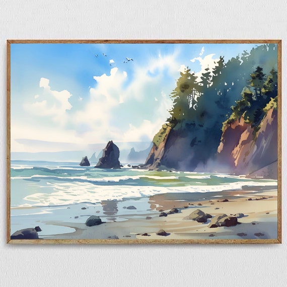 Shi Shi Beach Watercolor Coastal Wall Art Print