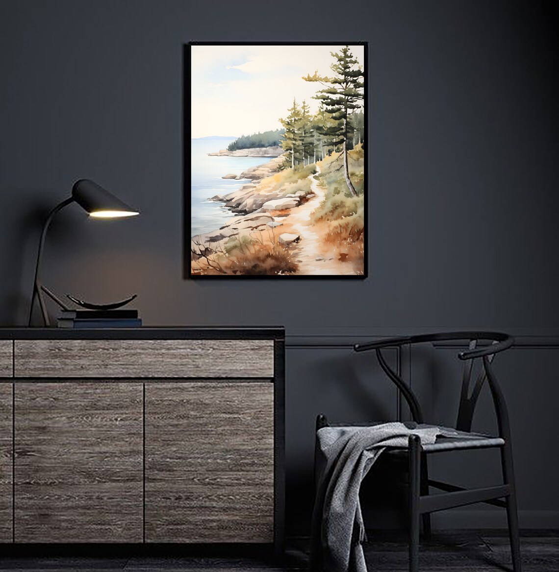 Coastal Path Pine Trees Rocky Shore Calm Sea Watercolor Art Poster - Image 4