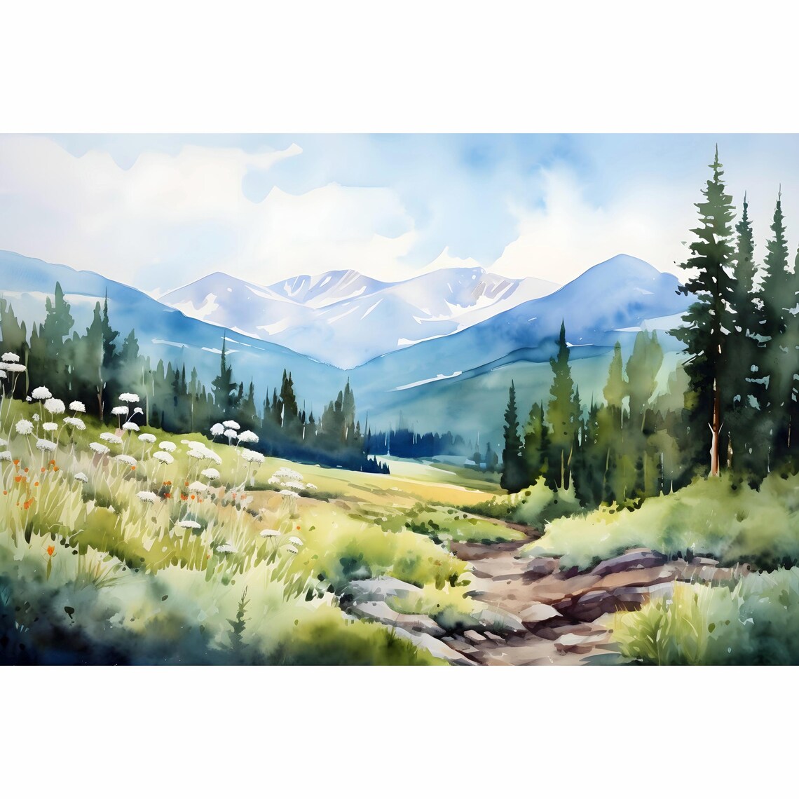 Gannett Peak Wyoming Wildflower Meadow Watercolor Mountain Poster