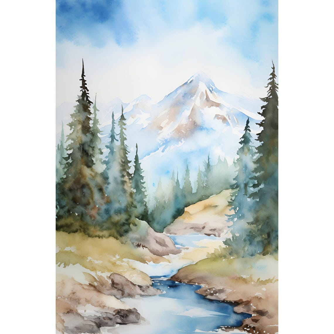 Snake River Idaho Snow Peak Mountain Stream Watercolor Poster