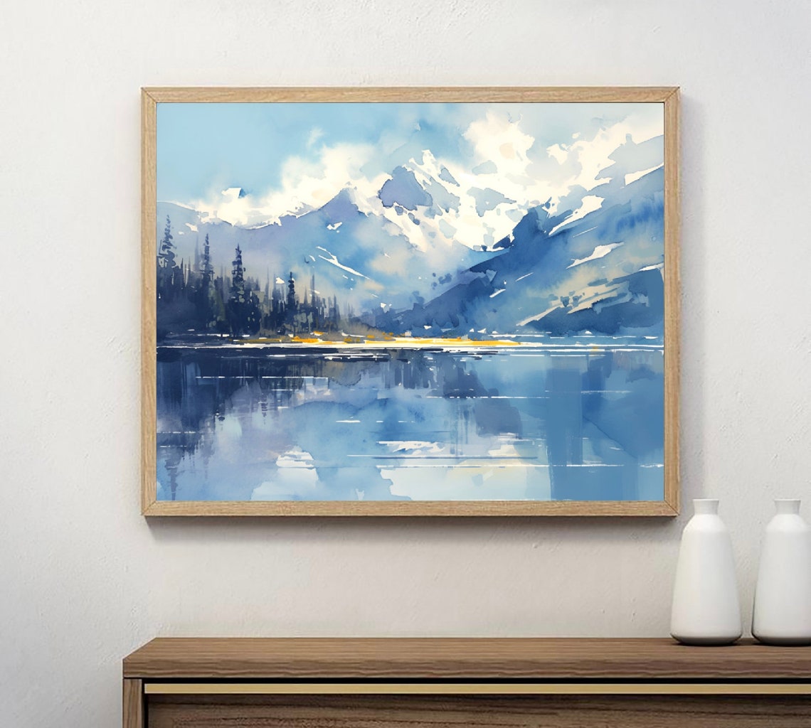 Blue Mountain Lake Mirror Reflection Watercolor Serene Art Poster - Image 2