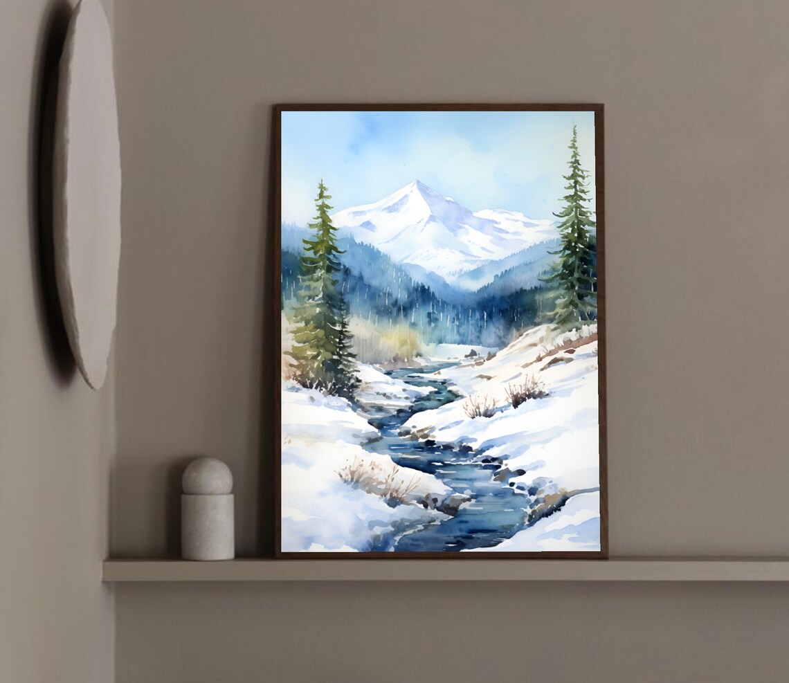 Mount Harvard Colorado Winter Snowy Stream Mountain Watercolor Poster - Image 2