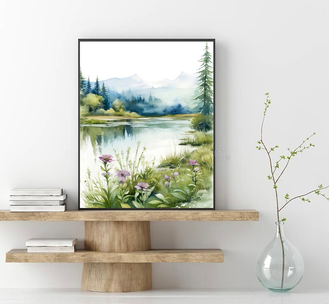 Mountain Forest Lake Print, Wildflower Landscape Poster - Image 3