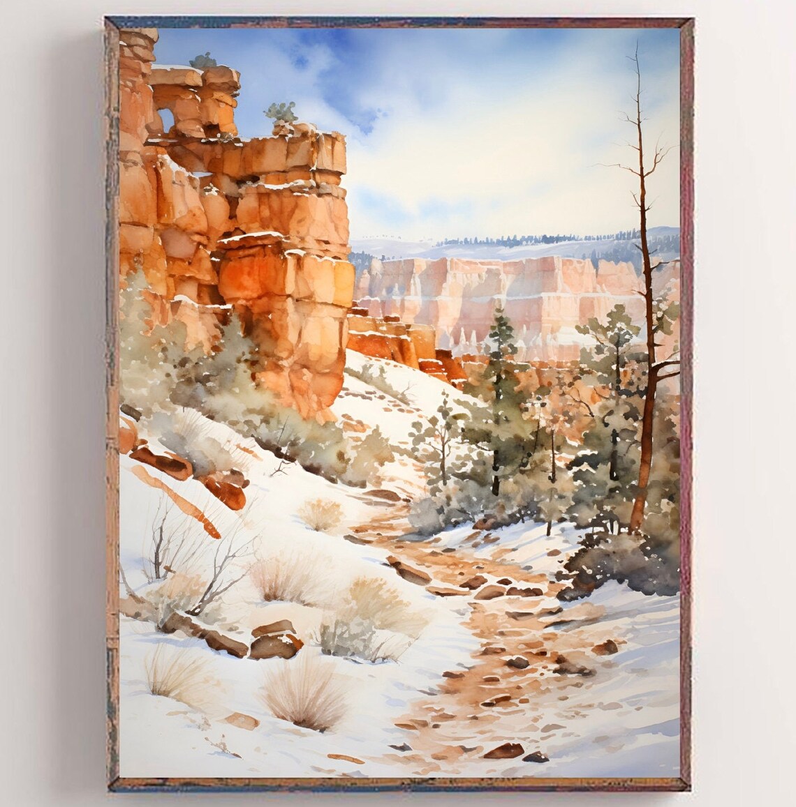 Bryce Canyon National Park Utah Snowy Red Rocks Watercolor Poster