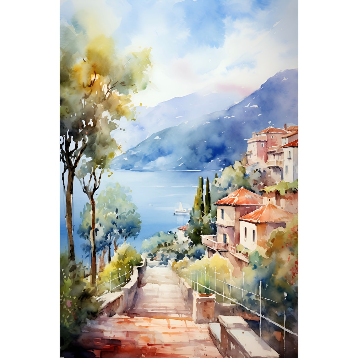 Capri Italy Coastal Town Terrace Sea Mountain Watercolor Poster