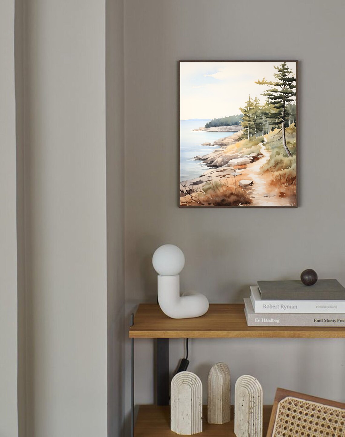 Coastal Path Pine Trees Rocky Shore Calm Sea Watercolor Art Poster - Image 3