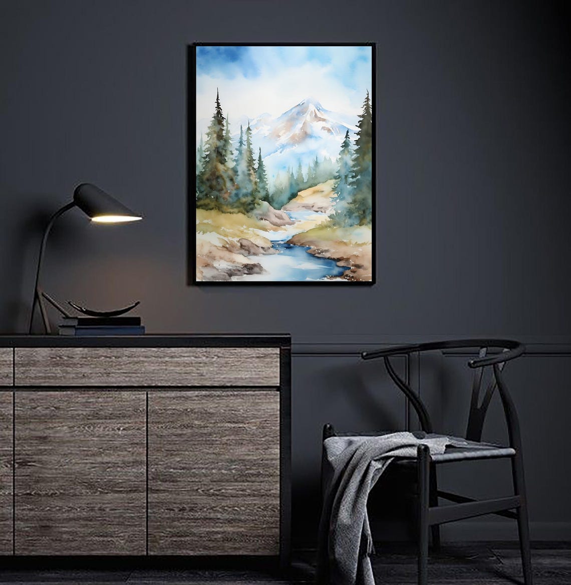 Snake River Idaho Snow Peak Mountain Stream Watercolor Poster - Image 4