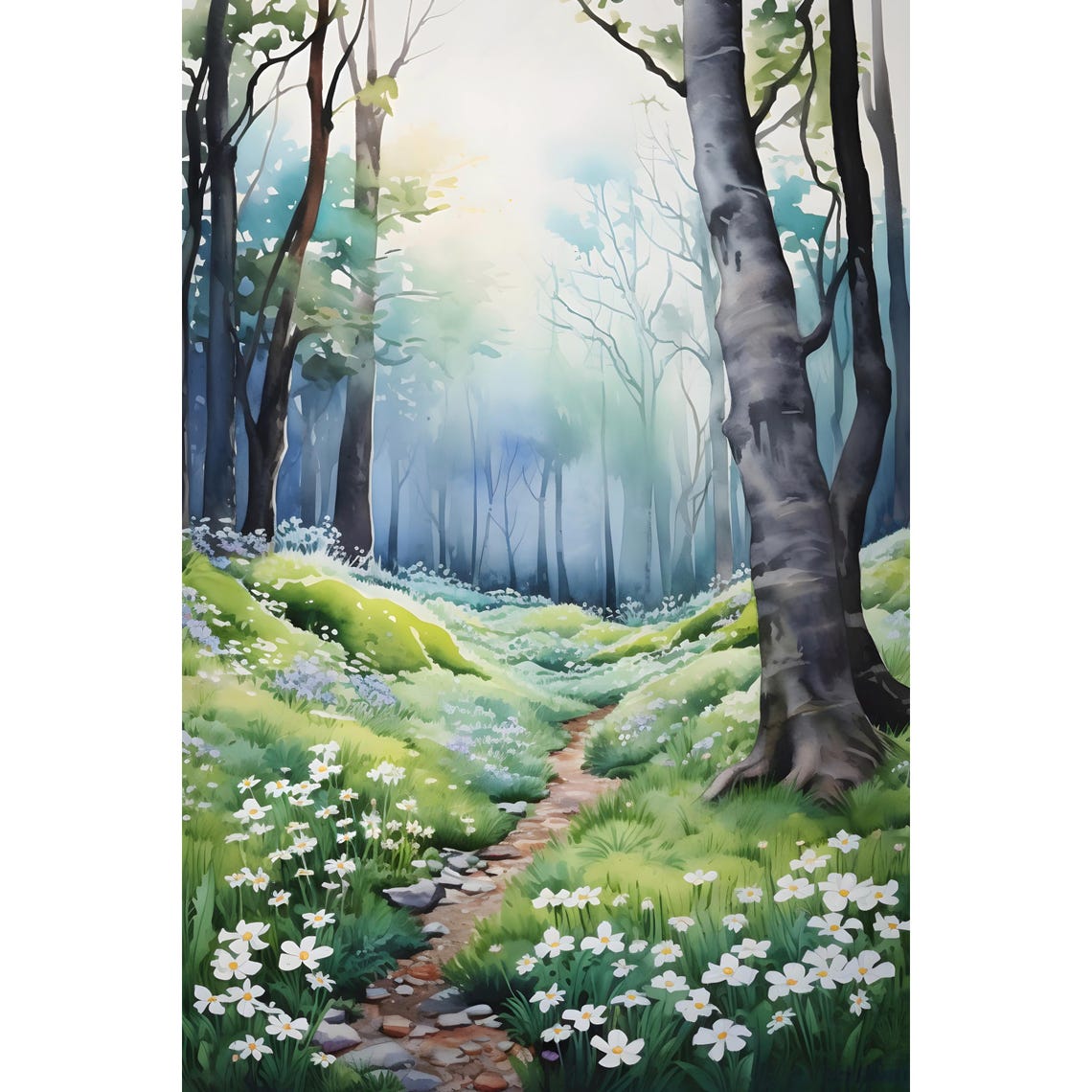 Oklahoma Spring Forest Daisy Path Misty Watercolor Nature Art Poster