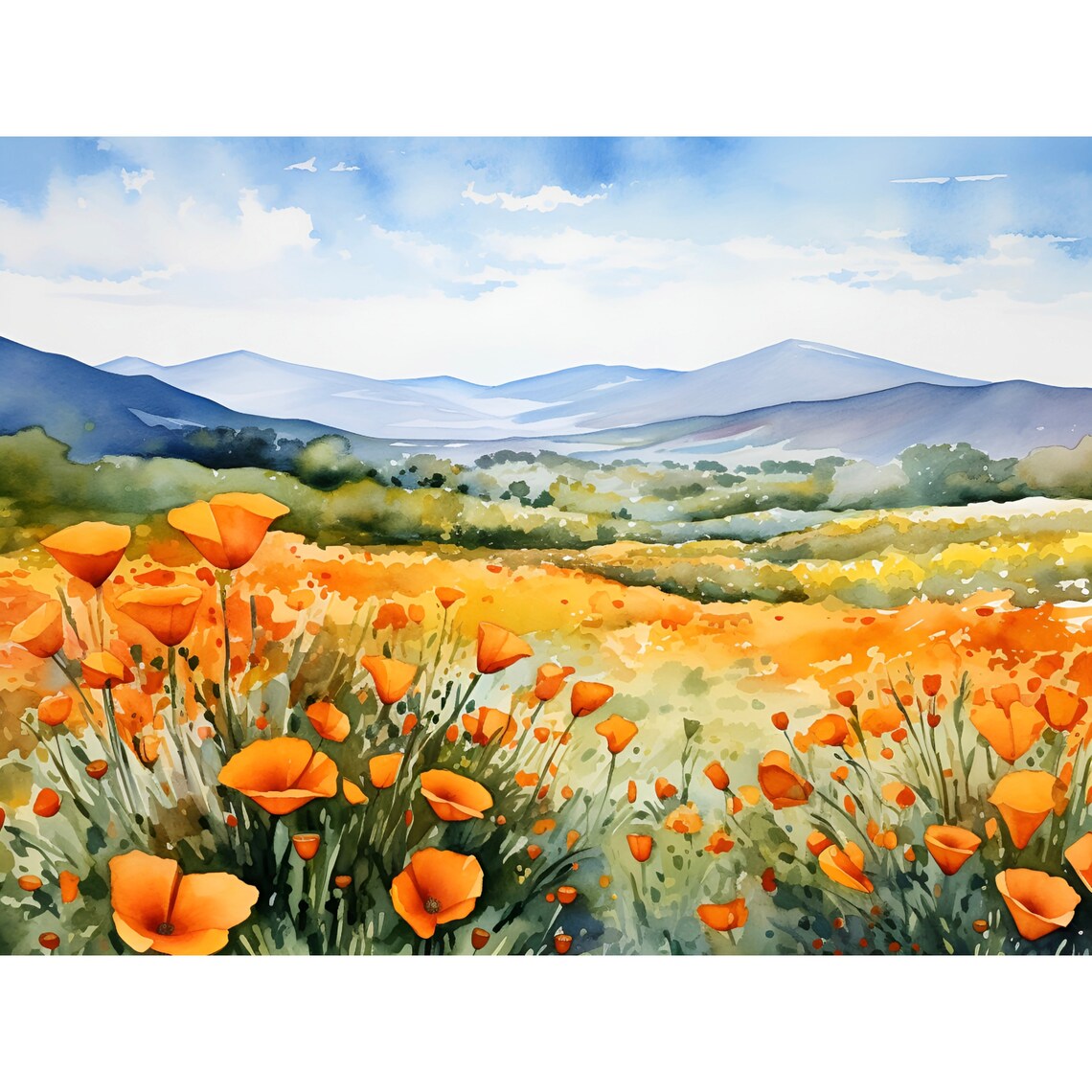 Chino Hills Watercolor Landscape, California Art Print