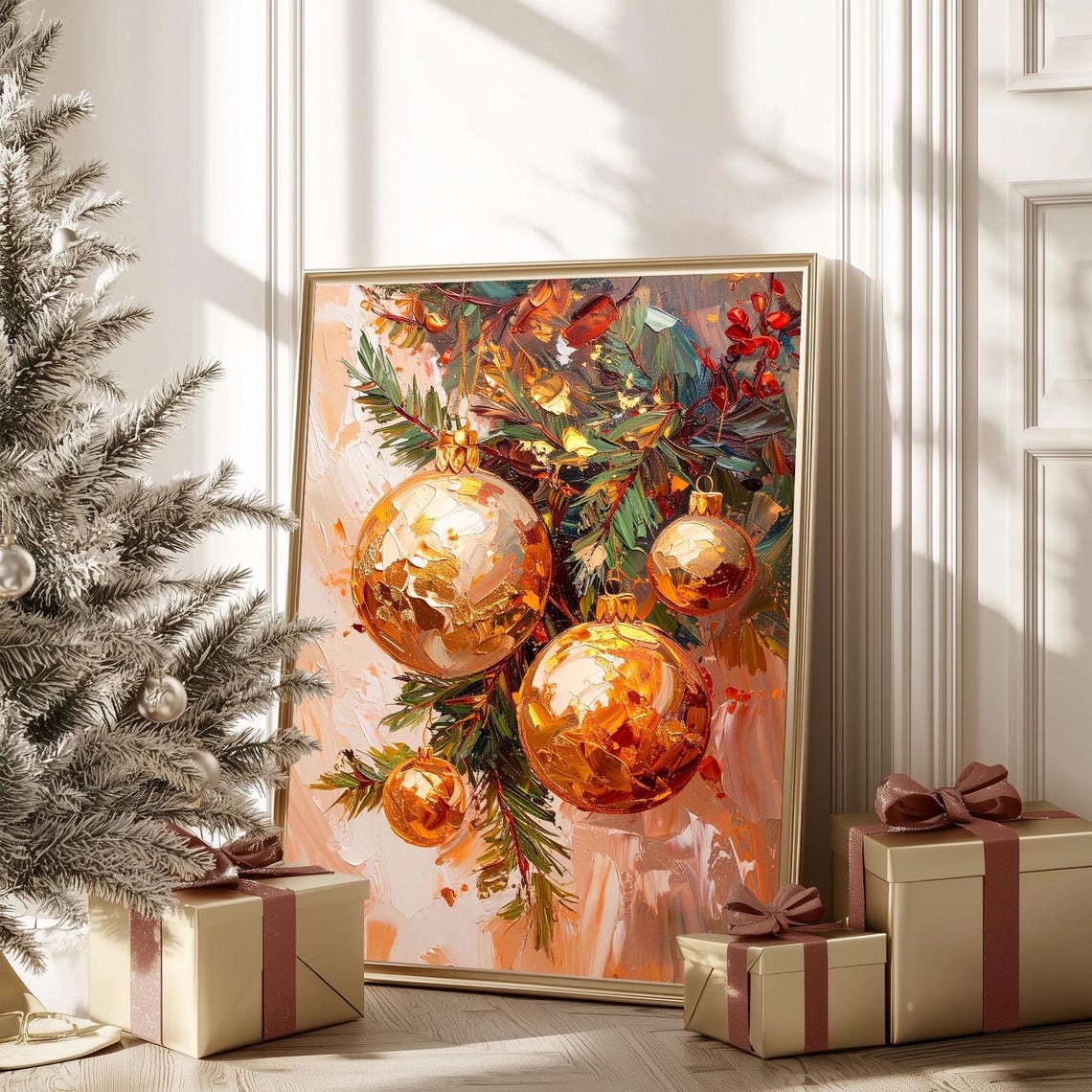 Gold Christmas Ornaments Evergreen Painterly Holiday Bauble Art Poster