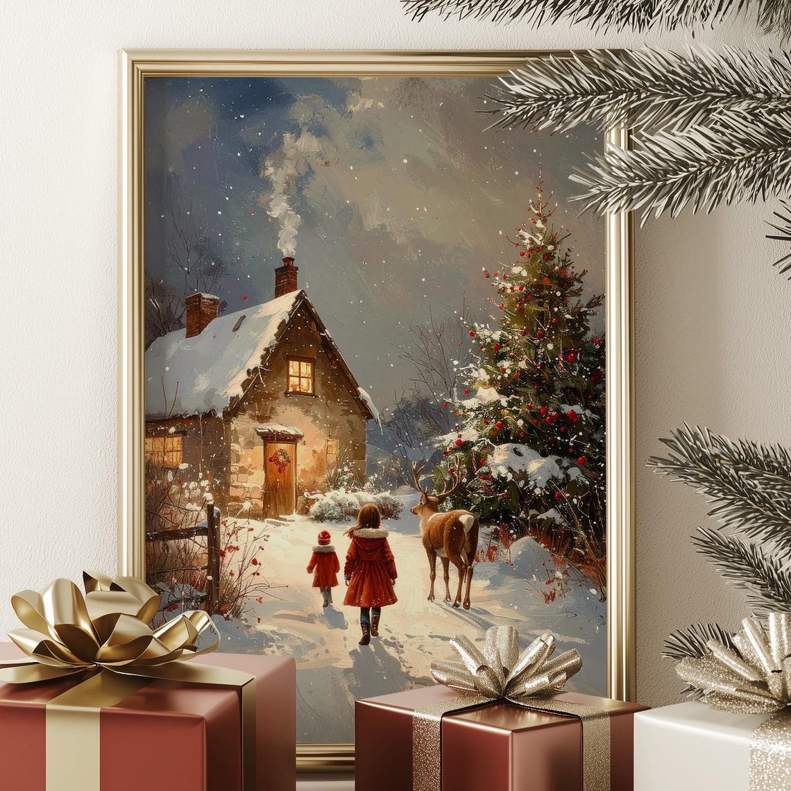 Snowy Christmas Cottage with Children and Reindeer Vintage Poster