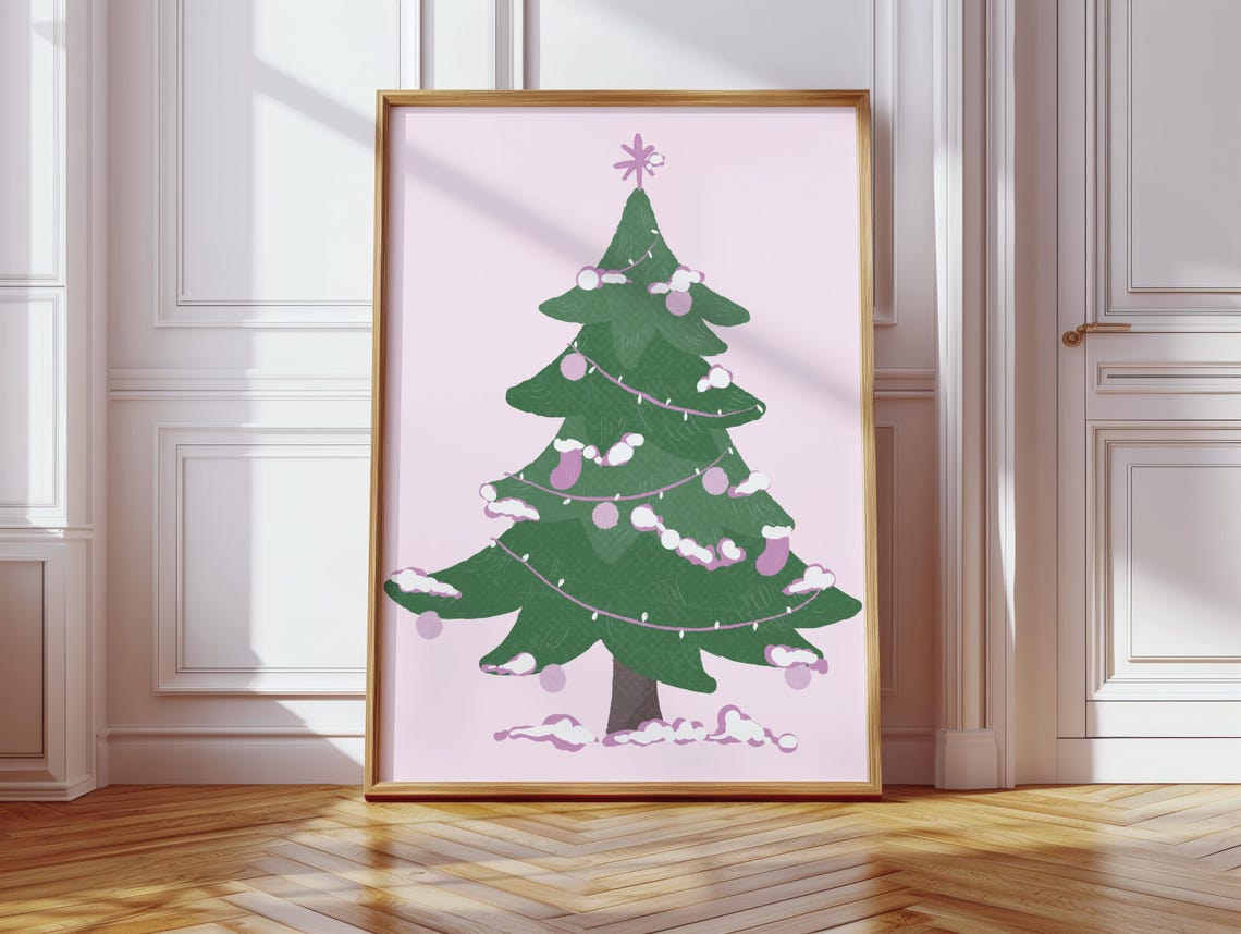 Pink Christmas Tree Illustration Poster Whimsical Holiday Decor