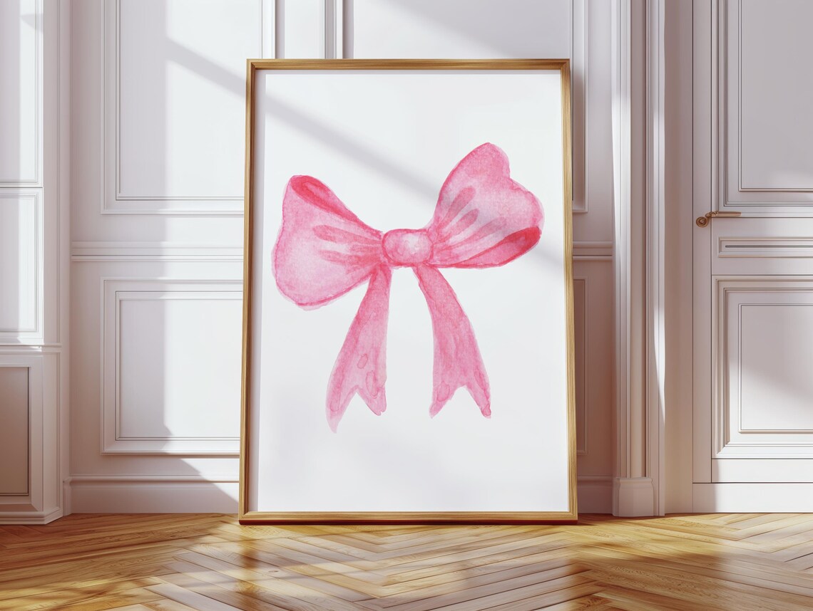 Pink Watercolor Bow Poster Coquette Ribbon Wall Decor for Girls