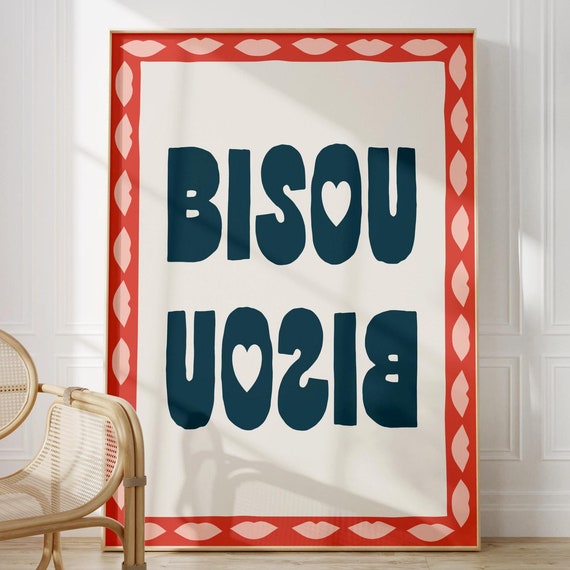 Bisou Bisou French Quote Print In Pink Unframed Kisses Lips Text Typography Wall Art Bold Vibrant Decor