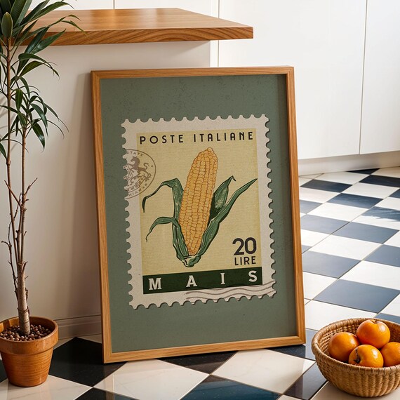 Poste Italiane Corn Stamp Vintage Italian Food Kitchen Art Poster