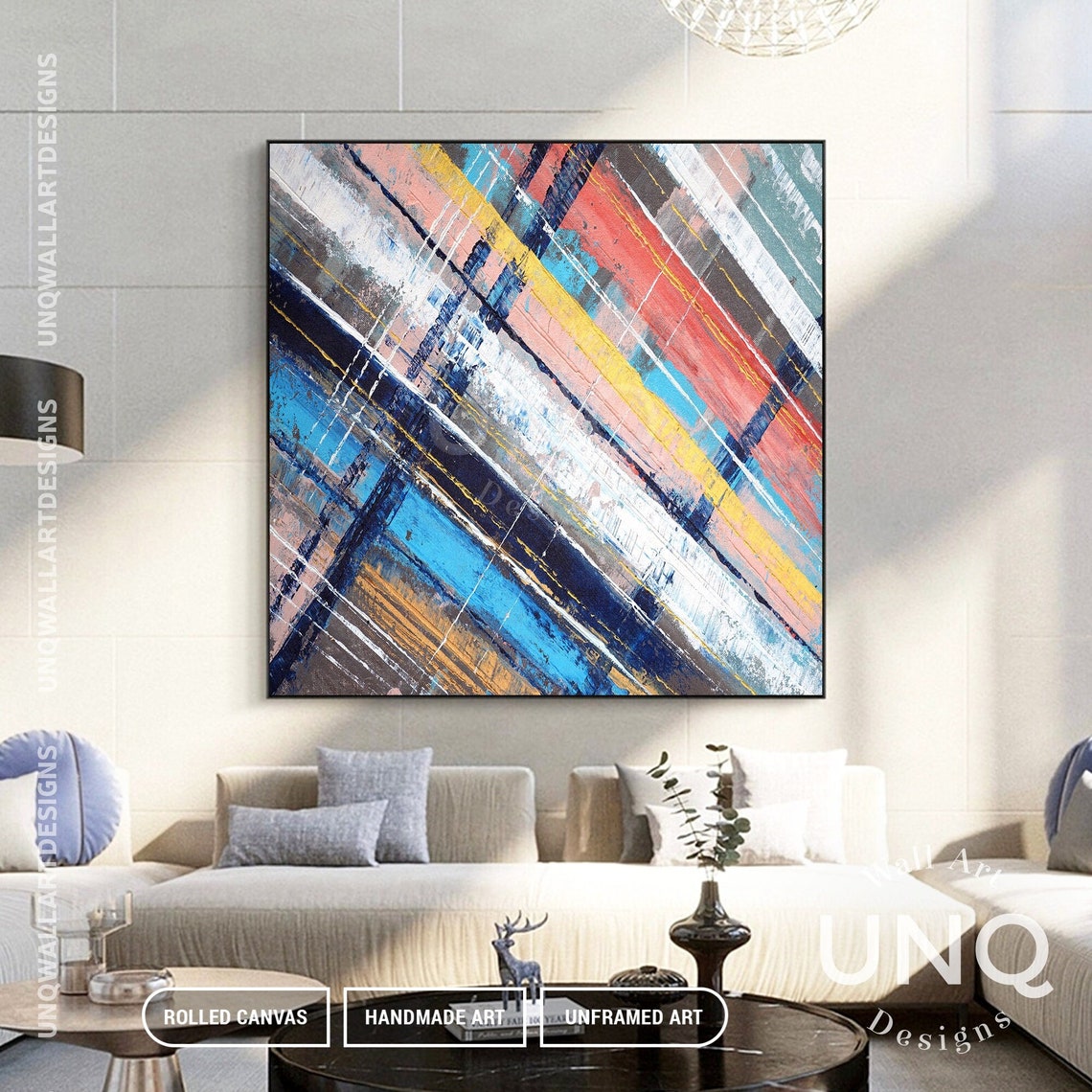Multicolor Diagonal Stripes Blue Yellow Red Modern Abstract Art Poster - Image 2