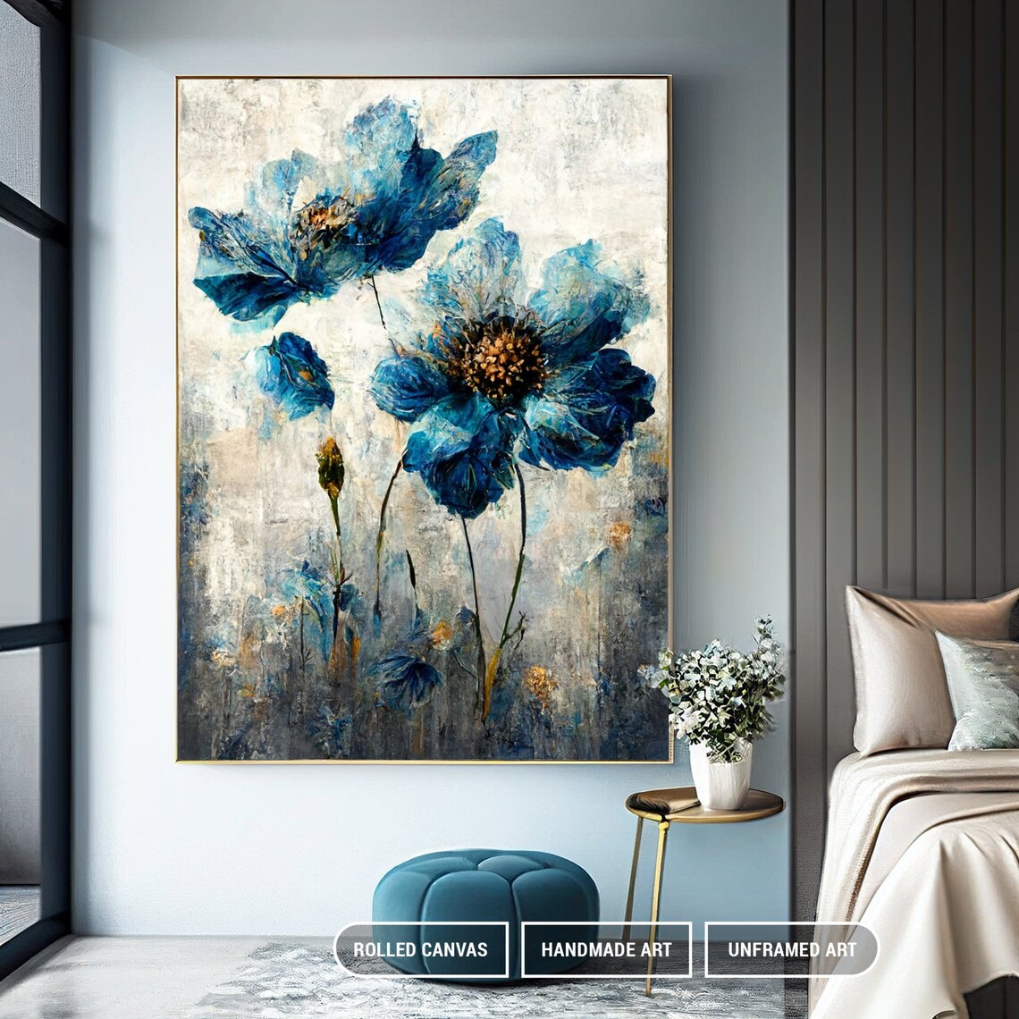 Blue Flower Botanical Wall Art Print, Modern Bedroom Decor - Image 2