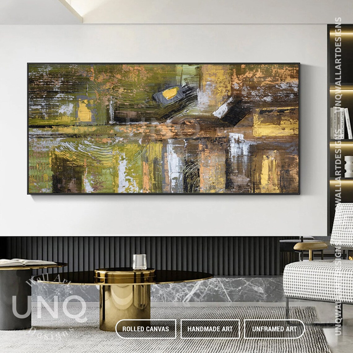 Unique Green And Gold Artwork Luxury Line Texture On Original Abstract Boxes Wall Art Modern Geometric Art Sofa Wall Decor - Image 5