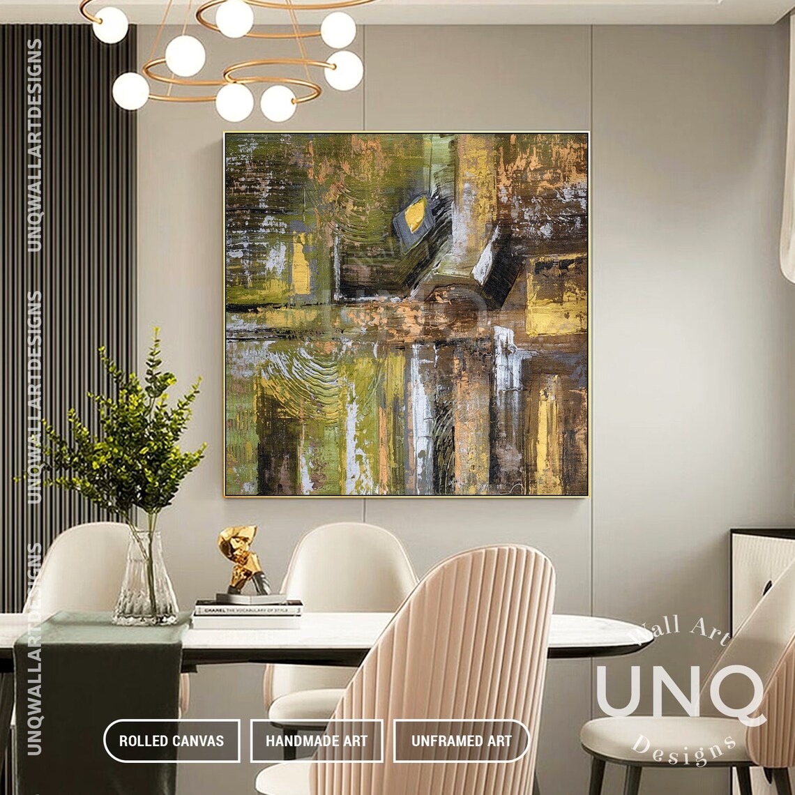 Unique Green And Gold Artwork Luxury Line Texture On Original Abstract Boxes Wall Art Modern Geometric Art Sofa Wall Decor - Image 6