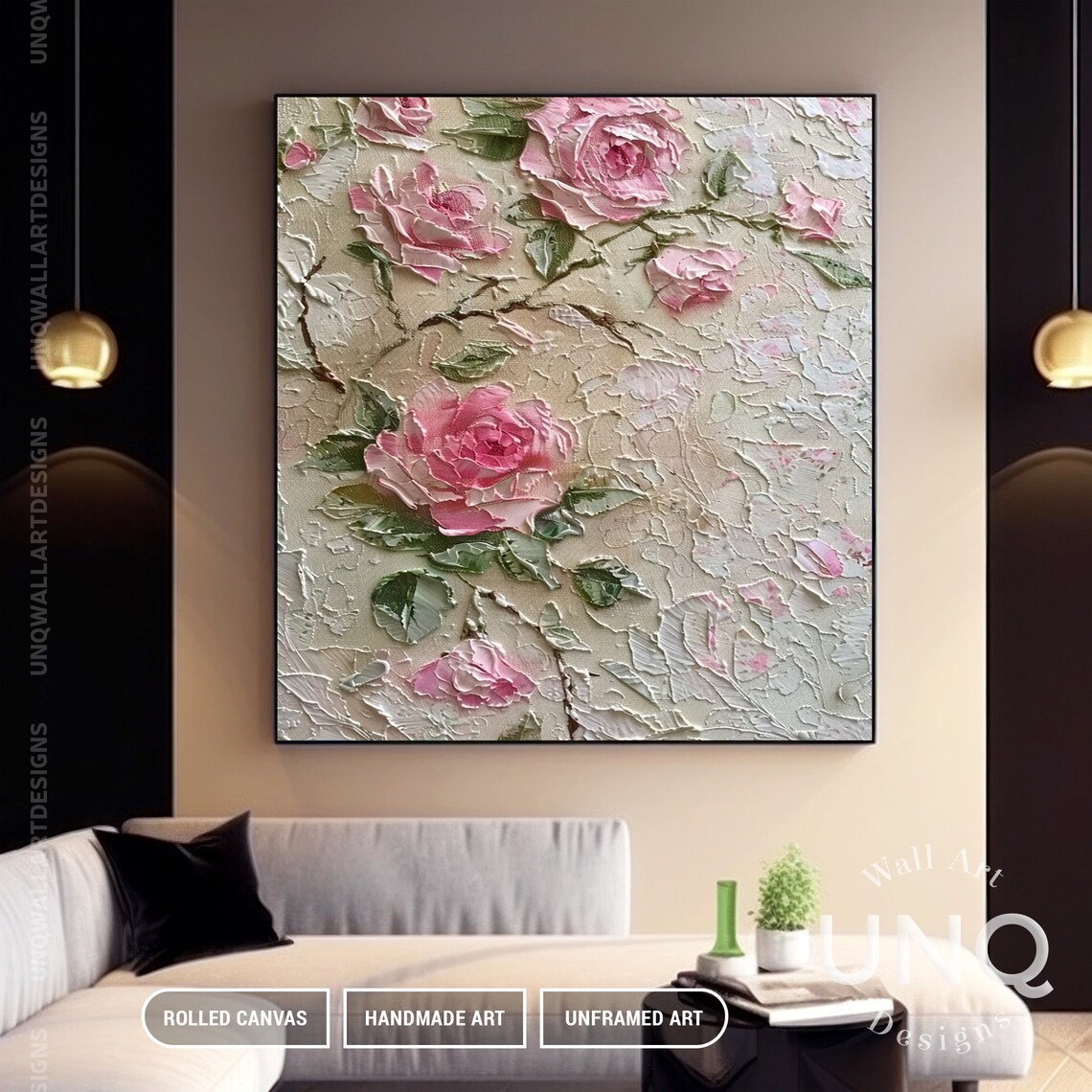 Pink Roses On Cream 3D Textured Embossed Floral Painting Art Poster - Image 2