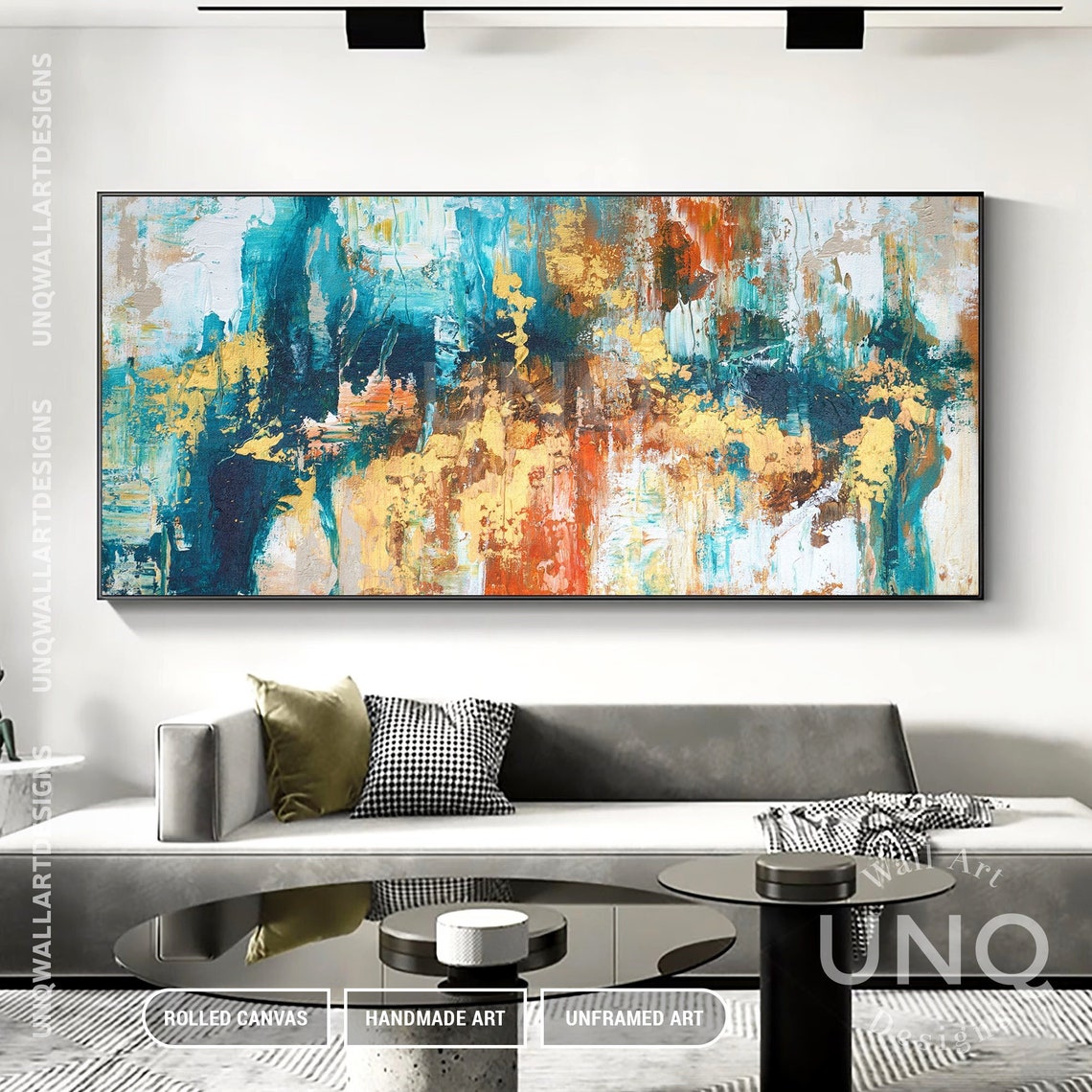 Teal Blue Orange And Gold Bold Impasto Modern Abstract Art Poster - Image 2
