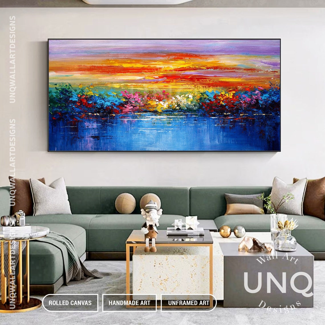 Colorful Lakeside Sunset Flowers Landscape Impasto Painting Art Poster - Image 6