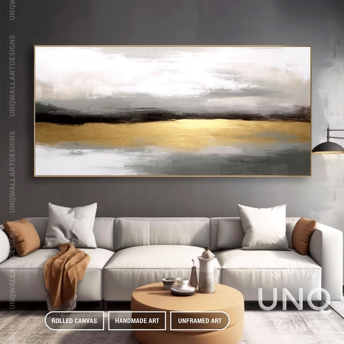 Grey And Gold Abstract Painting Misty Horizon Band Minimalist Poster - Image 4