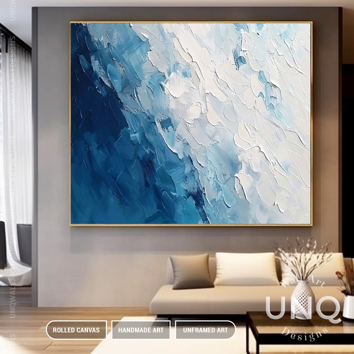 Navy To White Diagonal Waves Heavy Impasto Modern Abstract Poster - Image 4
