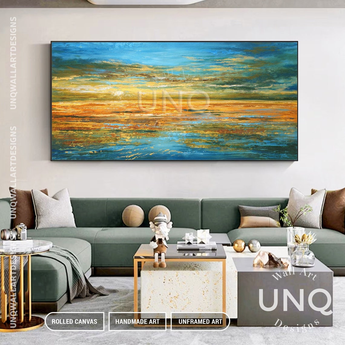 Golden Sunset Over Ocean Panoramic Impasto Seascape Painting Poster - Image 5