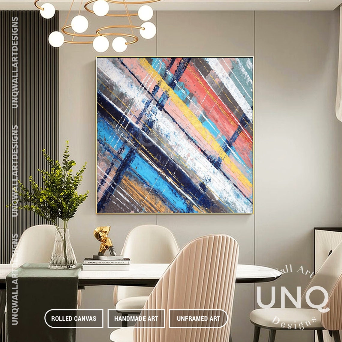 Multicolor Diagonal Stripes Blue Yellow Red Modern Abstract Art Poster - Image 3