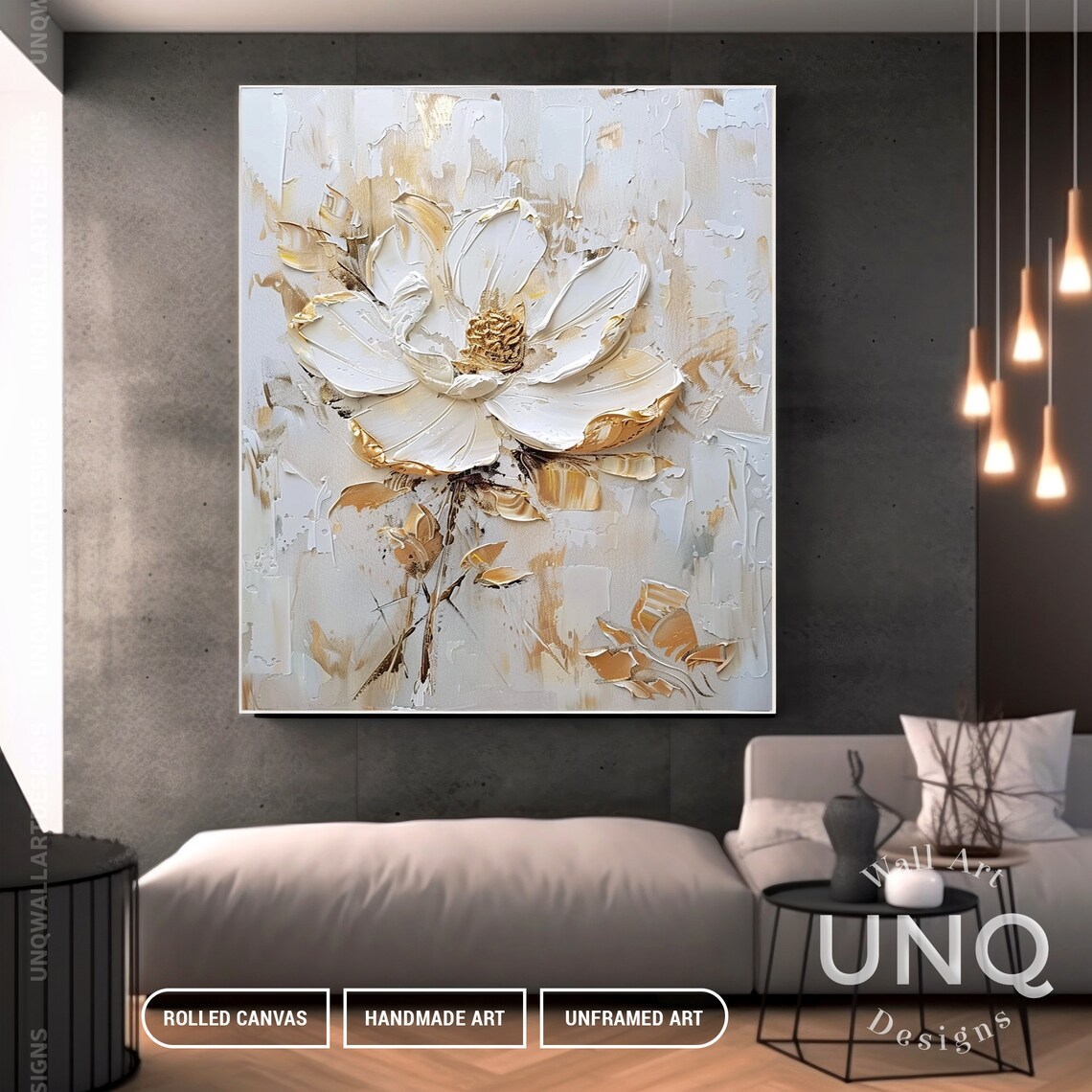 White And Gold Impasto Flower On Pale Grey Modern Floral Art Poster - Image 7