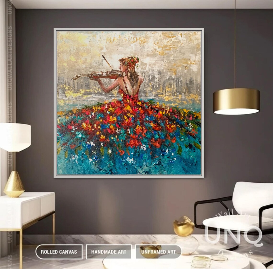 Woman Playing Violin In Floral Dress Modern Music Painting Poster - Image 6
