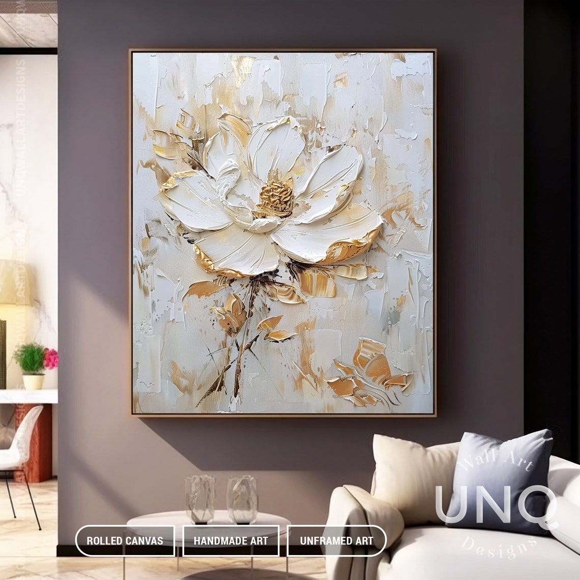White And Gold Impasto Flower On Pale Grey Modern Floral Art Poster - Image 5