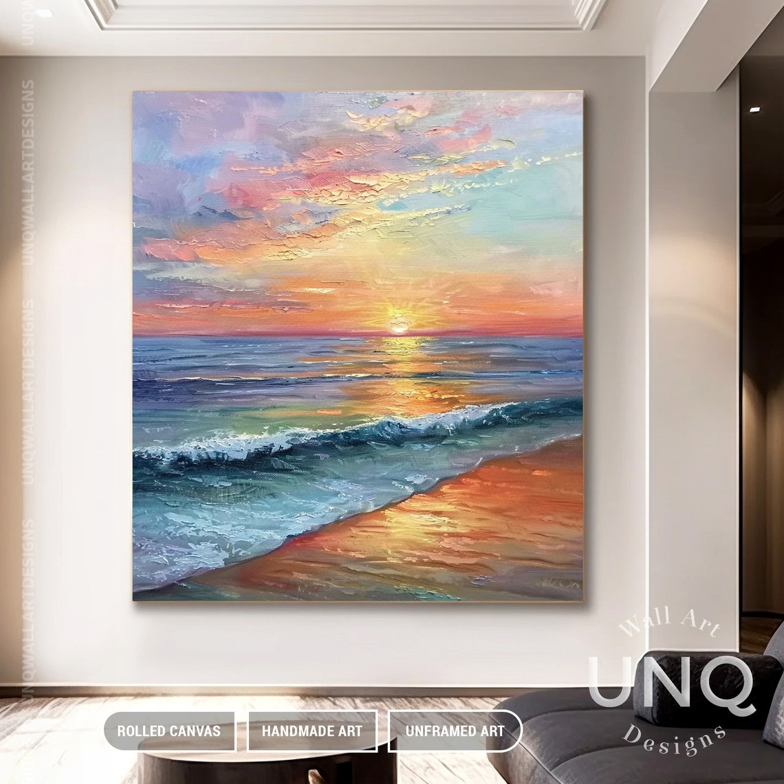 Pink Orange Sunset Ocean Waves Vertical Modern Seascape Art Poster - Image 3
