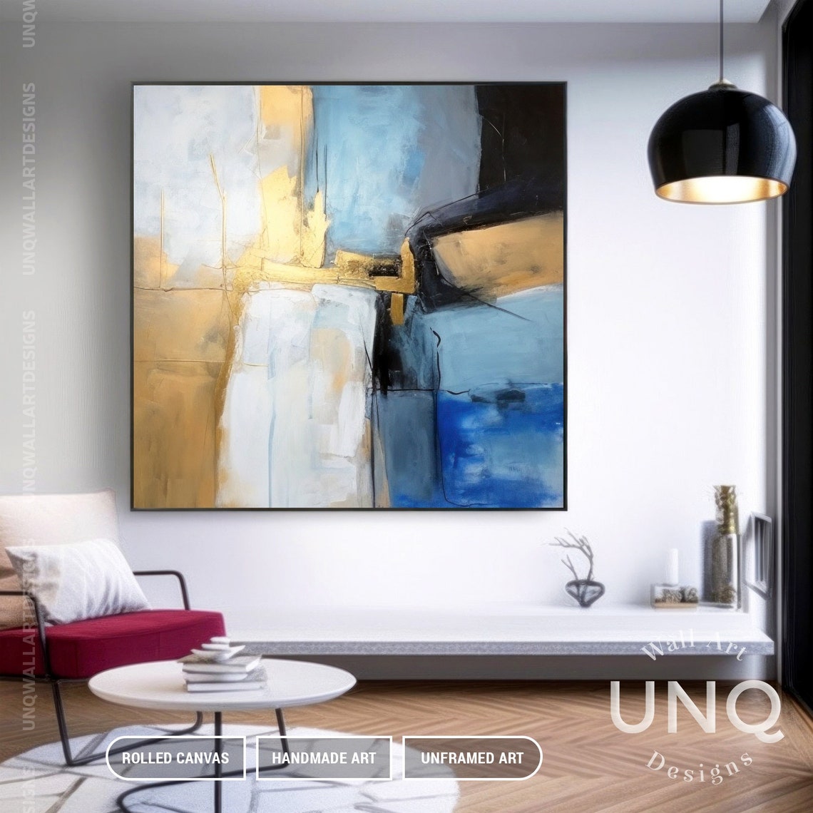 Gold And Blue Geometric Abstract Painting Modern Square Decor Poster - Image 2