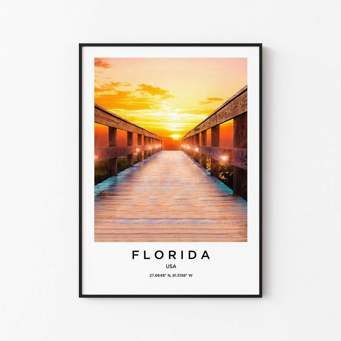 Florida Golden Sunset Wooden Boardwalk Ocean Pier Scenic Poster