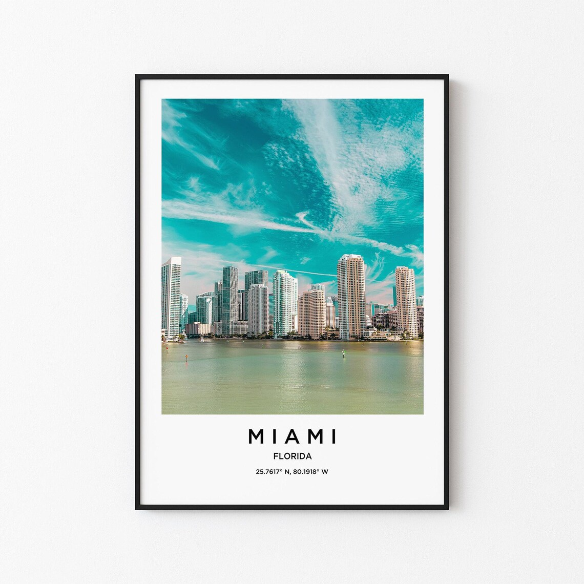 Miami Florida Teal Sky Downtown Skyline Waterfront Cityscape Poster