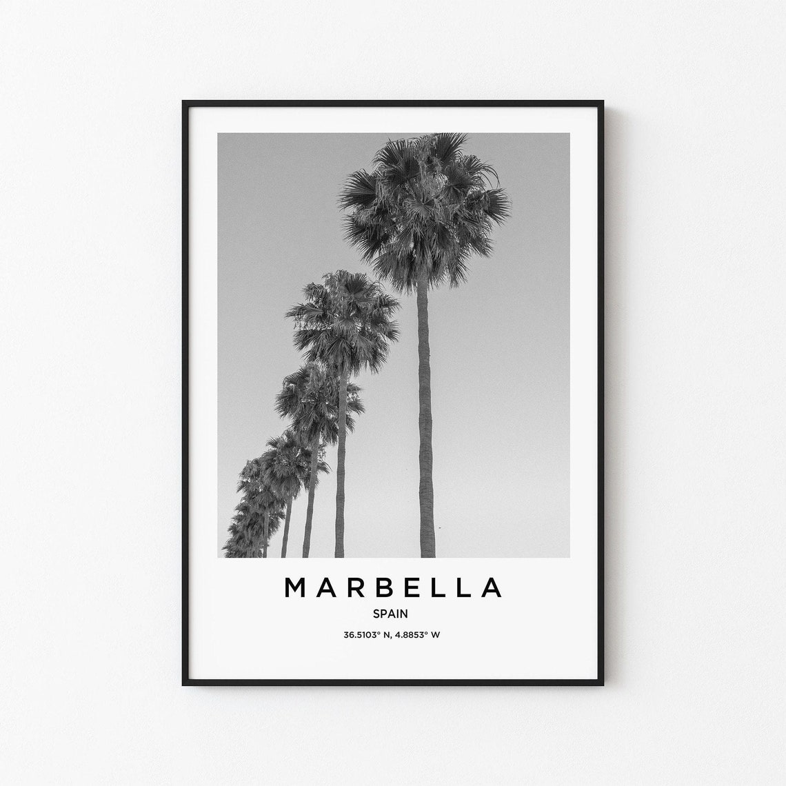Marbella Spain Tall Palm Trees Black and White Minimalist Poster