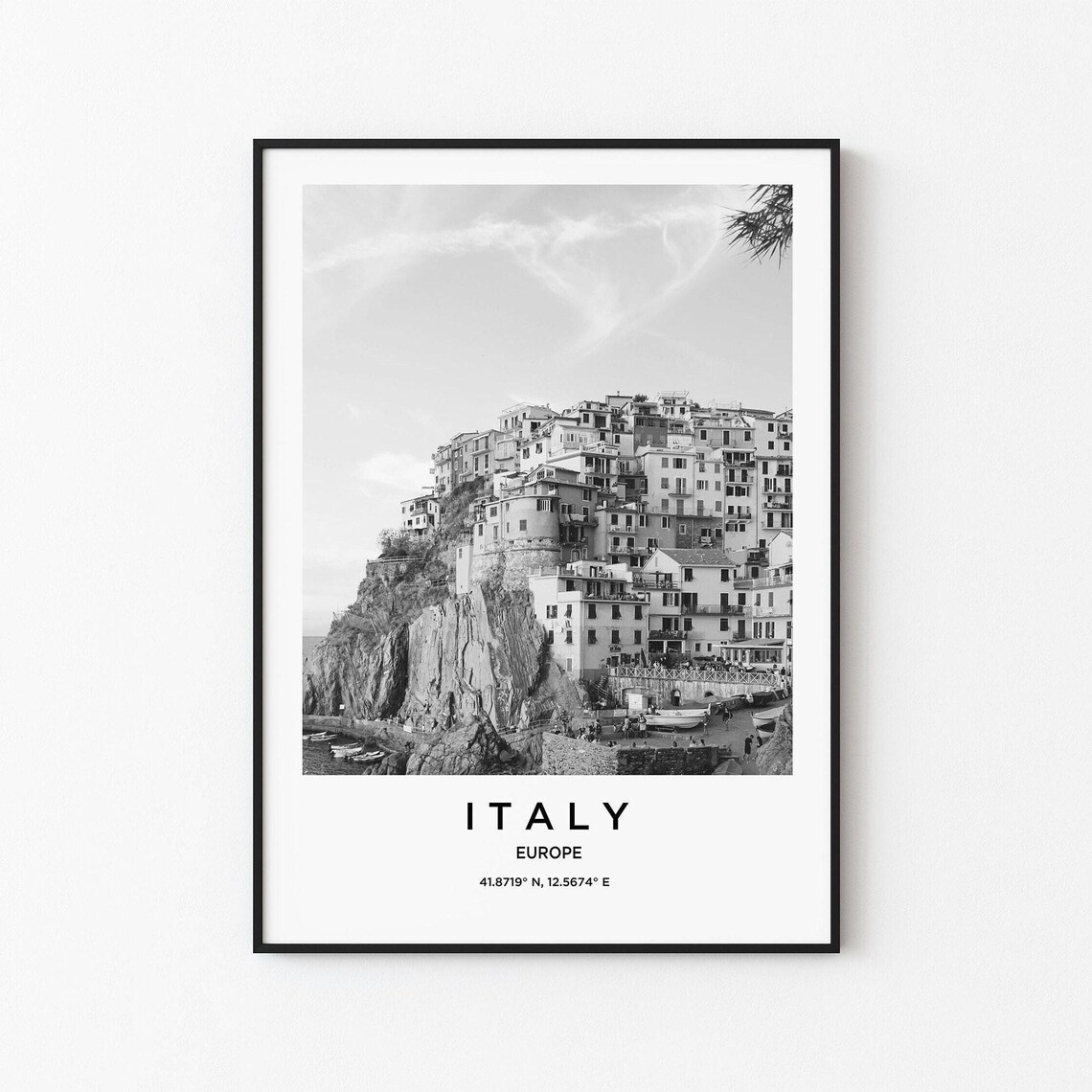 Italy Coastal Village Black and White Cliffside Photography Poster