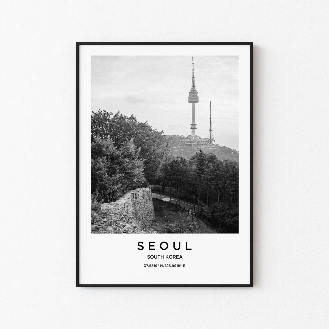 Seoul South Korea N Seoul Tower Hill Monochrome Skyline Poster