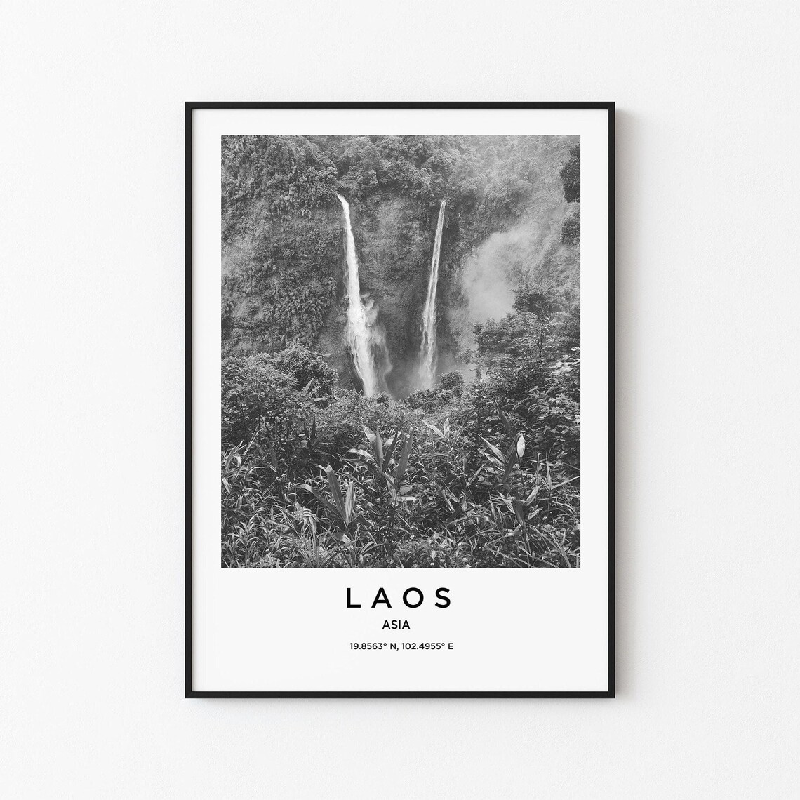 Laos Twin Jungle Waterfall Black White Nature Asia Travel Poster