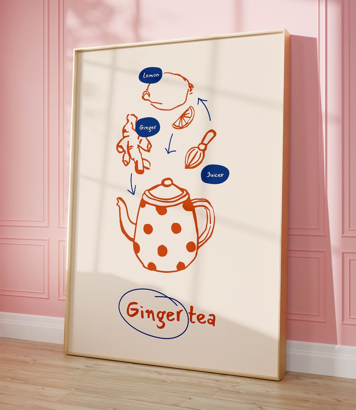 Ginger Tea Recipe Lemon Ginger Teapot Kitchen Illustration Art Poster - Image 2