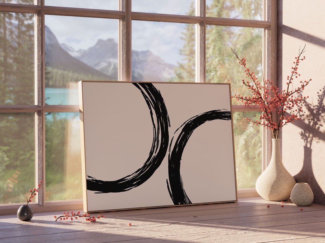 Minimalist Black Painted Arcs Crescents On Beige Modern Art Poster - Image 2