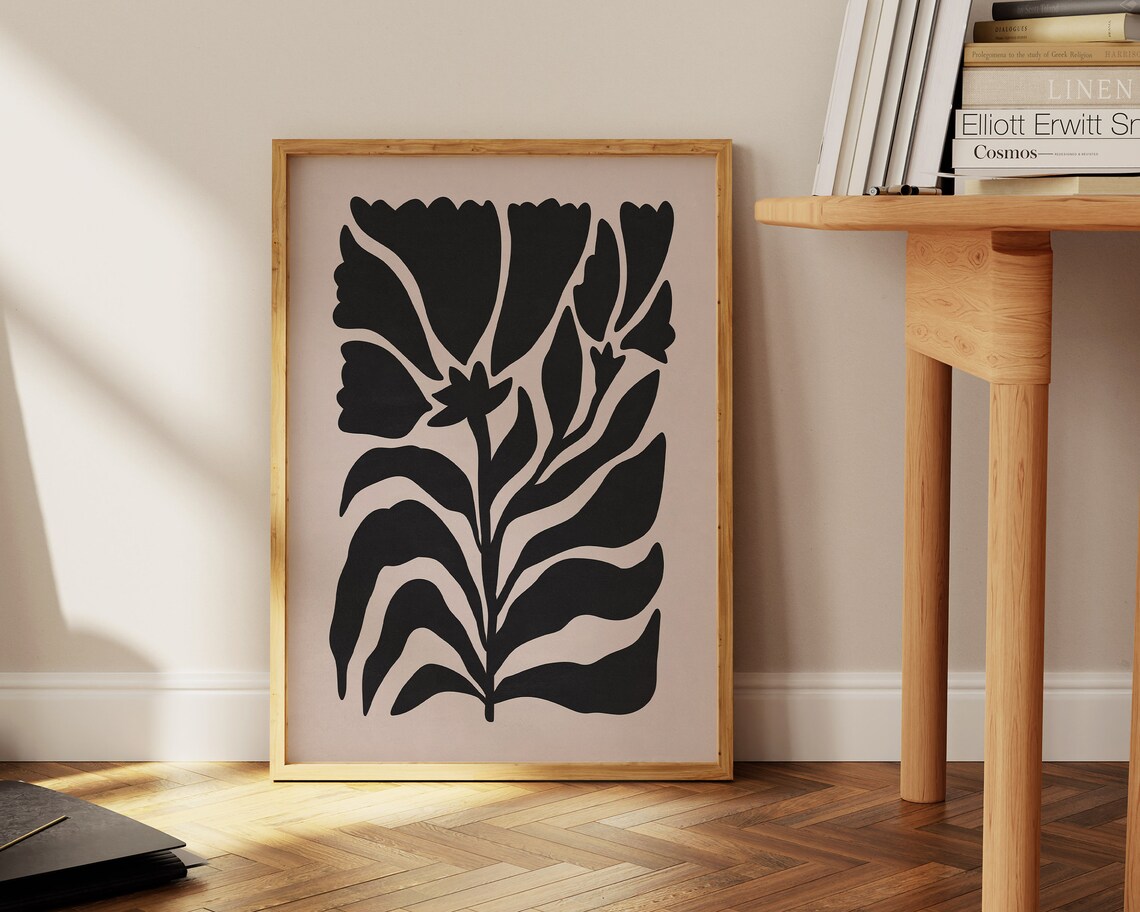 Moody Black Botanical Flower Silhouette Beige Neutral Art Poster